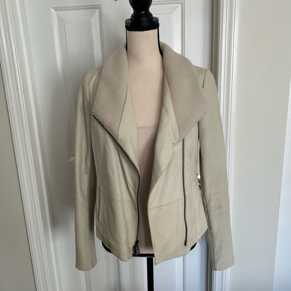 Vince 100% Goat Leather Ribbed Collar Asymmetrical Moto Biker Jacket - Picture 8 of 16